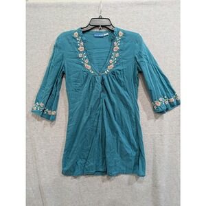 Delias Blouse Womens M Turqoise 100% Cotton V-Neck Embroided Floral Flare Sleeve